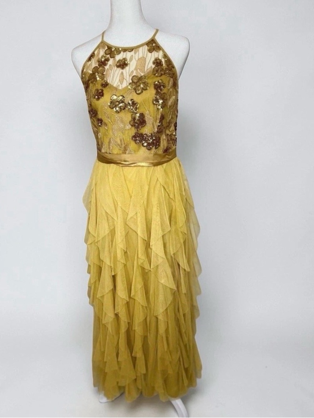 Womens Candalite Gold Ruffled Formal Dress Sz Small Sheath Halter Layered Prom